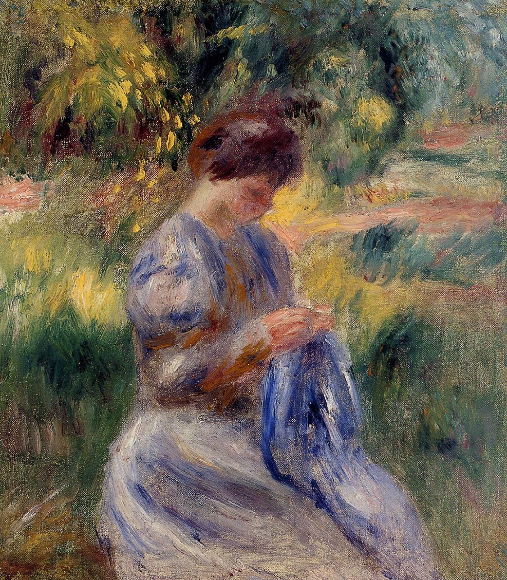 The embroiderer woman. Embroidering in a garden 1898